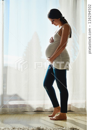 Pregnant, morning and woman by window in home hold stomach for love, prenatal care and support. Family, pregnancy and happy person hug tummy for wellness, baby health and maternity in living room 116294502