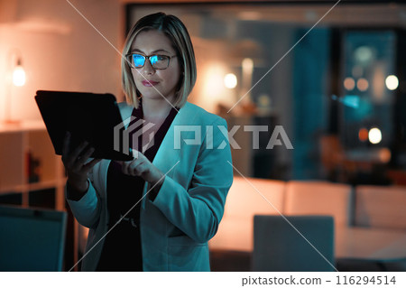 Business woman, tablet and working at night in office for company agenda, research and planning. Executive, technology and reading email or report for corporate results, growth and revenue with data Business woman, tablet and working at night in office for company agenda, research and planning. Executive, technology and reading email or report for corporate results, growth and revenue with data 116294514
