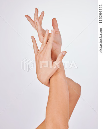 Woman, hands and manicure or nails in studio, skincare and twist for cosmetics on white background. Female person, pamper and grooming treatment or health, beauty polish and dermatology wellness Woman, hands and manicure or nails in studio, skincare and twist for cosmetics on white background. Female person, pamper and grooming treatment or health, beauty polish and dermatology wellness 116294521