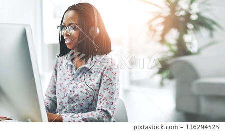 Call center, black woman and communication for customer support on computer for legal advice and contact us. Consultant, microphone and happy at telemarketing agency with consulting and CRM operator Call center, black woman and communication for customer support on computer for legal advice and contact us. Consultant, microphone and happy at telemarketing agency with consulting and CRM operator 116294525