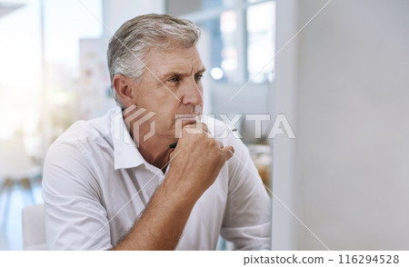 Mature, man and computer or serious thinking, planning and online vision for business review or email communication. Research, pc info and employee on company website, internet proposal and idea Mature, man and computer or serious thinking, planning and online vision for business review or email communication. Research, pc info and employee on company website, internet proposal and idea 116294528