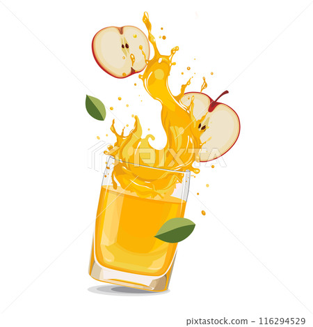Splashes of yellow apple juice with slices. Vector clipart with summer drink isolated for design 116294529