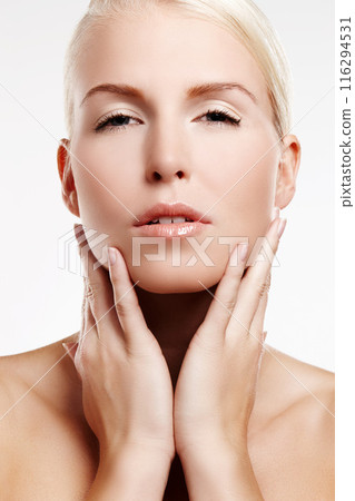 Portrait, skincare and woman with beauty for wellness, facial glow and salon or spa aesthetic in studio. Dermatology, model girl and cosmetics with skin health and natural makeup by white background 116294531