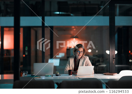 Laptop, business woman and night on social media for company, research and copywriter smile. Happy journalist, typing at desk and reading email, deadline and proofreading for agency article Laptop, business woman and night on social media for company, research and copywriter smile. Happy journalist, typing at desk and reading email, deadline and proofreading for agency article 116294533