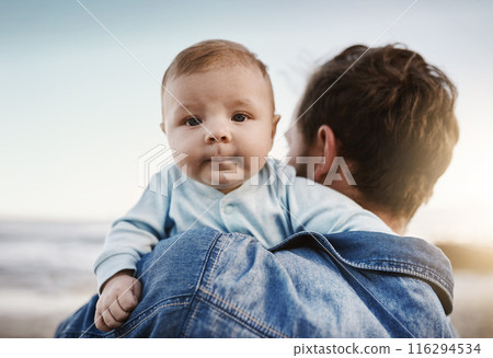 Man, back and portrait of baby at beach for outdoor adventure, love and child development. Nature, family and dad with infant on holiday by ocean for fathers day, bonding or summer vacation in Cancun Man, back and portrait of baby at beach for outdoor adventure, love and child development. Nature, family and dad with infant on holiday by ocean for fathers day, bonding or summer vacation in Cancun 116294534