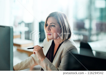 Businesswoman, thinking and reading on computer for research, information and pen in office. Female lawyer, idea and review details on internet for consulting, legal advice and strategy for case Businesswoman, thinking and reading on computer for research, information and pen in office. Female lawyer, idea and review details on internet for consulting, legal advice and strategy for case 116294542