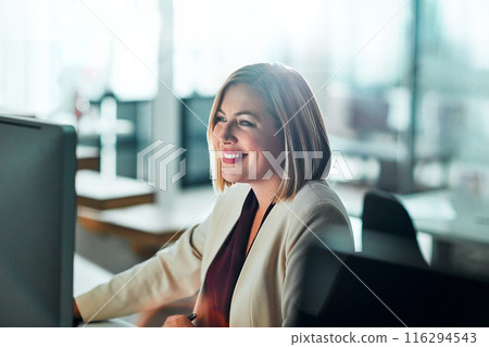 Computer, smile and business woman in office for budget planning, research and reading email. Pc, financial consultant and information on internet for networking or work on investment project online Computer, smile and business woman in office for budget planning, research and reading email. Pc, financial consultant and information on internet for networking or work on investment project online 116294543