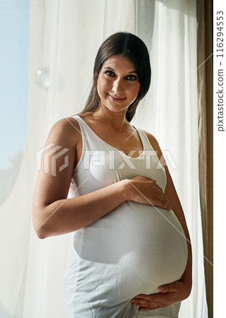 Pregnant, portrait and woman by window in home hold stomach for love, prenatal care and support in morning. Family, pregnancy and person hug tummy for wellness, baby health and maternity in house 116294553