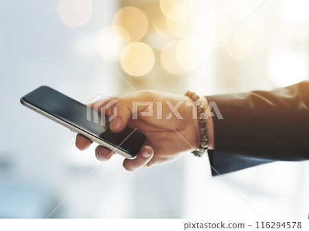 Man, hands and phone typing in office for communication, networking and information of profit report news. Person, bokeh and mobile for email, research and investment for digital finance notification Man, hands and phone typing in office for communication, networking and information of profit report news. Person, bokeh and mobile for email, research and investment for digital finance notification 116294578