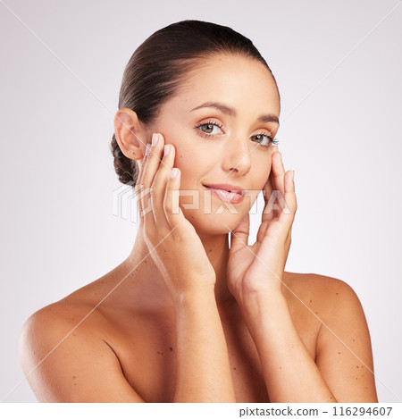 Woman, smile and beauty with skincare in studio for facial wellness, healthy skin and portrait with treatment. Model, person and face with pride for dermatology, glow or cosmetics on white background Woman, smile and beauty with skincare in studio for facial wellness, healthy skin and portrait with treatment. Model, person and face with pride for dermatology, glow or cosmetics on white background 116294607