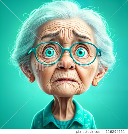 Old woman with glasses and blue shirt. 116294631