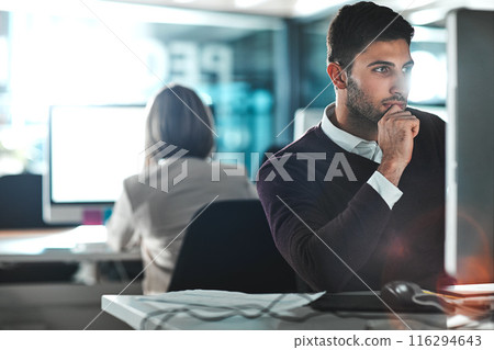 Thinking, business and man on computer in office for reading email, research and planning of project as web designer. Pensive, pc and communication of negotiation proposal for company growth Thinking, business and man on computer in office for reading email, research and planning of project as web designer. Pensive, pc and communication of negotiation proposal for company growth 116294643