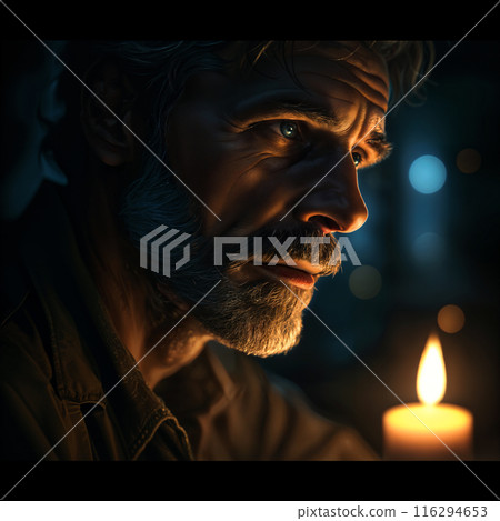 Man with beard looking at candle. 116294653