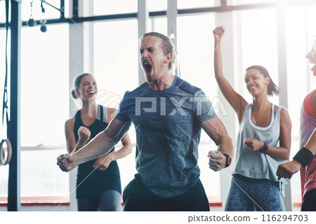 Fitness, man and scream to celebrate success in exercise class, workout and training goals. Sports, people and happiness for power challenge, winner or performance achievement at health club or gym Fitness, man and scream to celebrate success in exercise class, workout and training goals. Sports, people and happiness for power challenge, winner or performance achievement at health club or gym 116294703