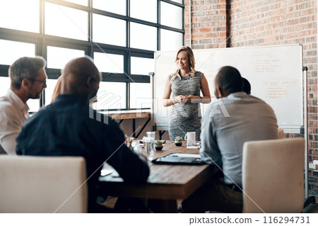 Presentation, woman and meeting on whiteboard in office for feedback, planning and ideas of strategy development. People, speaker and talk in workshop, staff collaboration or business proposal pitch 116294731