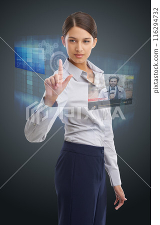 Business woman, hologram and fingerprint for biometric, news or live weather broadcast on screen with UI on grey background. Password, icon and technology abstract with UX, information and report 116294732