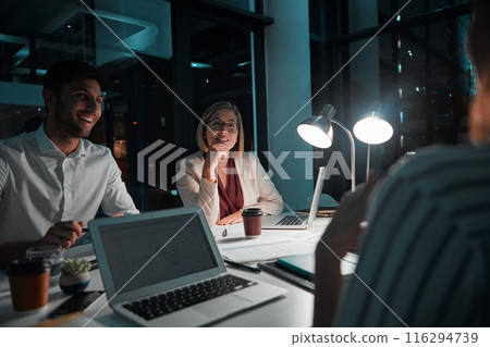 Employee, happy and laptop in office at night with documents for deadline or overtime as accountant. People, partnership and teamwork for financial reviews, records and screen with statistics 116294739