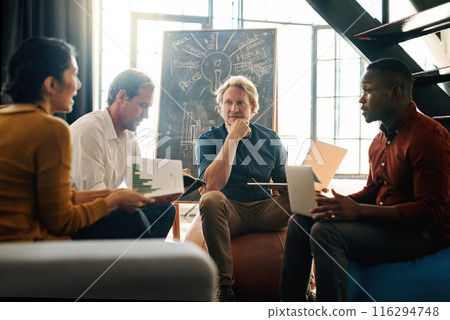 Creative people, documents and meeting with tech in office for sales planning, collaboration or idea. Data analyst, team and paperwork with graphs on sofa for kpi feedback, report or review of growth Creative people, documents and meeting with tech in office for sales planning, collaboration or idea. Data analyst, team and paperwork with graphs on sofa for kpi feedback, report or review of growth 116294748