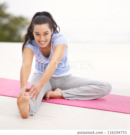 Stretching, legs and woman warm up with yoga, exercise for and practice fitness with holistic wellness. Training, flexibility or girl workout on beach in summer and happiness from self care challenge 116294755