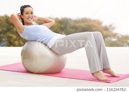 Exercise ball, portrait and woman with smile at home for fitness, balance and outdoor training. Happy, athlete and female person with gym equipment for workout, healthy body and core strength Exercise ball, portrait and woman with smile at home for fitness, balance and outdoor training. Happy, athlete and female person with gym equipment for workout, healthy body and core strength 116294762