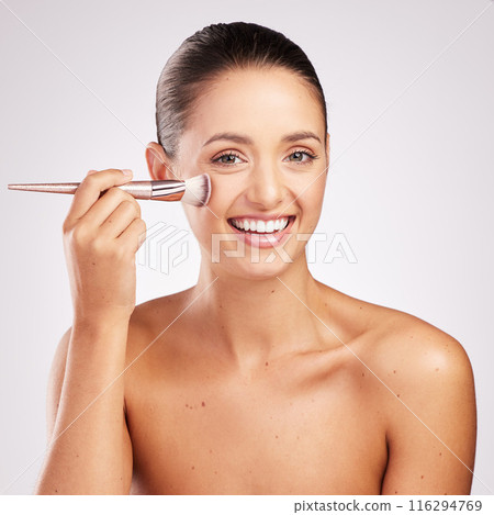 Woman, brush and portrait for skincare in studio, makeover and highlight on white background. Female person, cosmetics tool and foundation or contour powder, beauty and facial treatment for glow Woman, brush and portrait for skincare in studio, makeover and highlight on white background. Female person, cosmetics tool and foundation or contour powder, beauty and facial treatment for glow 116294769