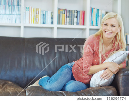 Woman, smile and thinking on sofa in house for relax, peace and calm in morning with jeans. Girl, vision and idea on couch in home living room for wellness, reflection and self care in summer time Woman, smile and thinking on sofa in house for relax, peace and calm in morning with jeans. Girl, vision and idea on couch in home living room for wellness, reflection and self care in summer time 116294774
