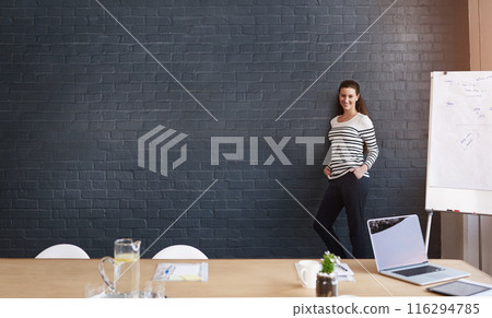 Creative woman, portrait and wall with whiteboard for presentation, coaching or conference at office. Female person, employee or presenter with confidence on mockup space for communication or startup 116294785