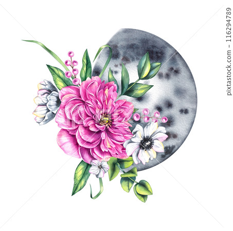 Blooming watercolor moon with bouquet with peony, anemones, berries Blooming watercolor moon with bouquet with peony, anemones, berries 116294789