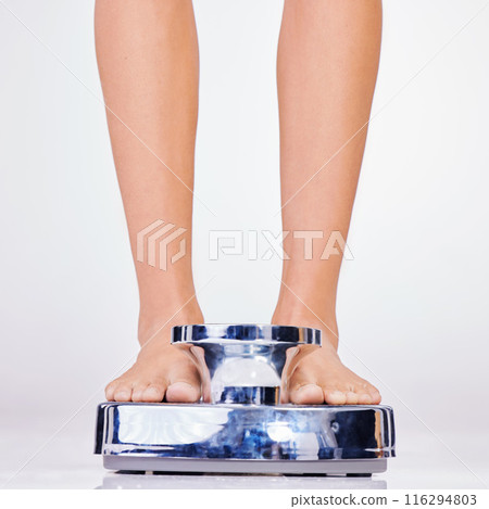 Feet, scale and weight loss in studio white background for wellness, exercise and diet or healthy lifestyle. Body mass, training and person progress check for detox, achievement and self care Feet, scale and weight loss in studio white background for wellness, exercise and diet or healthy lifestyle. Body mass, training and person progress check for detox, achievement and self care 116294803