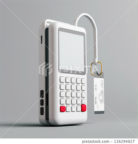 A Modern Payment Terminal With a Sleek White Design and Red Buttons Against a Subtle Grey Background 116294827