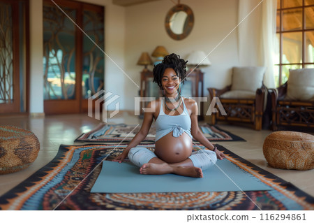 A Radiant Moment of Prenatal Yoga in a Serene Home Setting 116294861