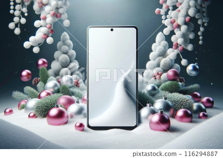 Festive holiday display of cell phone and Christmas decorations. 116294887