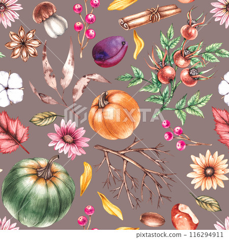 Watercolor seamless pattern of autumn flowers, leaves and seeds 116294911