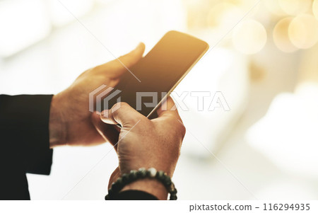 Hands, phone and man typing in office for communication, networking and information of profit report. Male person, mobile and scroll for email, research and investment of digital finance notification 116294935