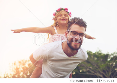 Father, portrait and piggyback daughter outdoor with happiness for summer or holiday as family. Girl, man and airplane on back in garden with fun for freedom, love and bonding together as superhero Father, portrait and piggyback daughter outdoor with happiness for summer or holiday as family. Girl, man and airplane on back in garden with fun for freedom, love and bonding together as superhero 116294943