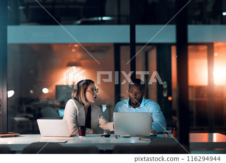 Employee, people and laptop in office at night with documents for deadline or overtime as accountant. Business, partner and data capture for financial reviews, records and auditing in company account Employee, people and laptop in office at night with documents for deadline or overtime as accountant. Business, partner and data capture for financial reviews, records and auditing in company account 116294944