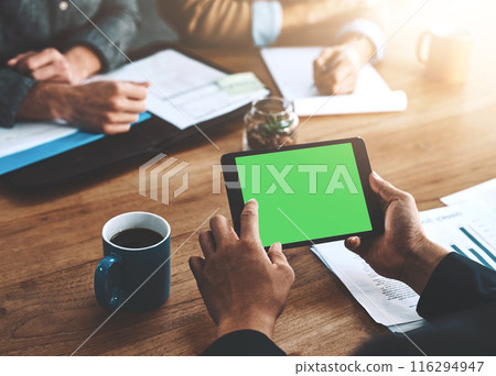 Tablet, green screen and business meeting in office with collaboration, planning for company pitch. Mobile technology, people and chroma key with hands for logo, review or mock up for accounting Tablet, green screen and business meeting in office with collaboration, planning for company pitch. Mobile technology, people and chroma key with hands for logo, review or mock up for accounting 116294947