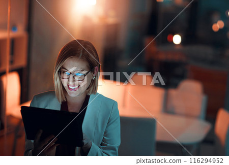 Corporate woman, tablet and smile at night in office for company agenda, research and planning. Executive, technology and reading email or report for business results, growth and revenue with data Corporate woman, tablet and smile at night in office for company agenda, research and planning. Executive, technology and reading email or report for business results, growth and revenue with data 116294952