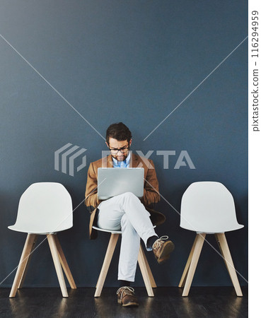 Job search, man and waiting room for interview with laptop, hiring or recruitment for internship. Businessman, position and vacancy for employment or human resources with difference, career or hr Job search, man and waiting room for interview with laptop, hiring or recruitment for internship. Businessman, position and vacancy for employment or human resources with difference, career or hr 116294959