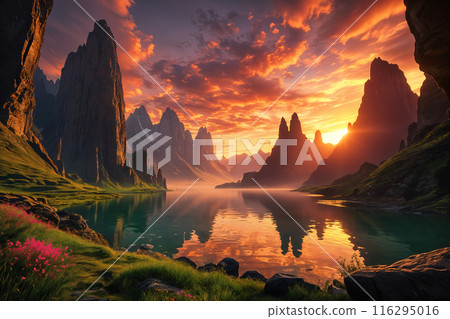 Picturesque landscape with mountains and a lake at sunset. Picturesque landscape with mountains and a lake at sunset. 116295016