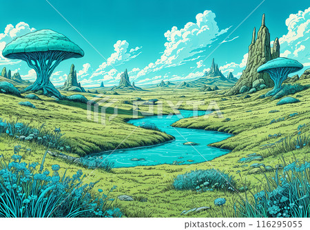 Fantasy landscape with a winding river. Fantasy landscape with a winding river. 116295055