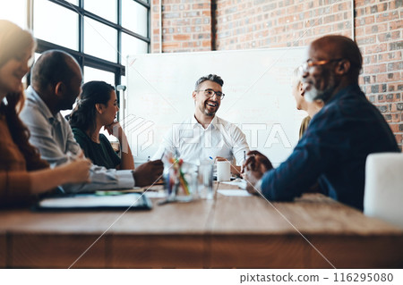 Man, manager and business meeting in boardroom for financial growth with laughing at table. People, company and workshop with coach or speaker for corporate planning with team in happy office. Man, manager and business meeting in boardroom for financial growth with laughing at table. People, company and workshop with coach or speaker for corporate planning with team in happy office. 116295080
