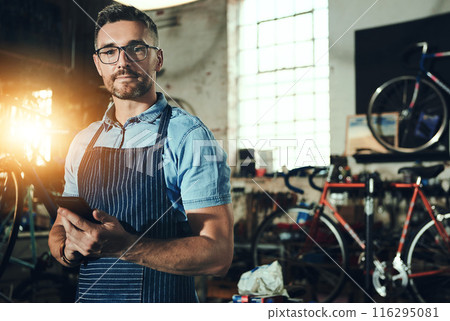 Bicycle, portrait and phone for man, small business or garage of mechanic, engineer or entrepreneur. Proud, owner or person with service maintenance for bike, repair or transport with mobile app Bicycle, portrait and phone for man, small business or garage of mechanic, engineer or entrepreneur. Proud, owner or person with service maintenance for bike, repair or transport with mobile app 116295081