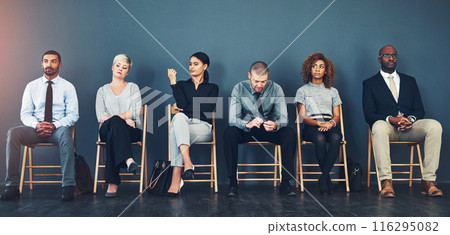 Business people, recruitment and waiting in row for interview with hiring process and employment opportunity. Diverse group, job seeker and nervous in line for HR meeting with mockup space and banner Business people, recruitment and waiting in row for interview with hiring process and employment opportunity. Diverse group, job seeker and nervous in line for HR meeting with mockup space and banner 116295082
