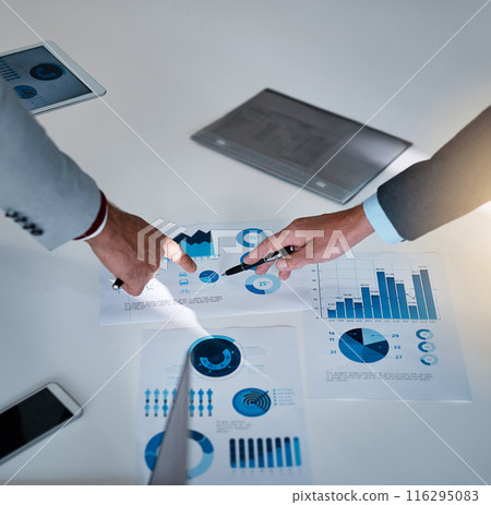 Paperwork, data analysis and hands of business people in office with planning, strategy and sales results. Charts, graphs and teamwork in conference room for growth, development or statistics at desk 116295083