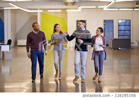 Walking, business people and planning with management, collaboration and creative talk on web design. Brainstorming, startup and discussion for tech and website update with work advice in office 116295108