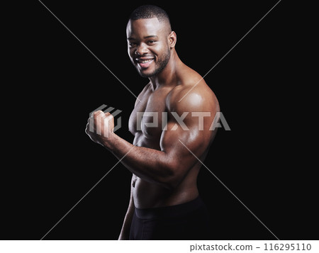 Fitness, portrait and black man flexing in studio with muscle for training, workout routine or growth on dark background. Strong, wellness and shirtless bodybuilder for confidence, bicep or health 116295110