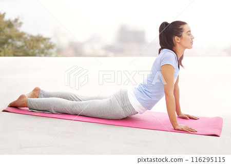Cobra, exercise and woman stretching in yoga, pose or practice fitness with holistic wellness. Healthy, arms and morning for workout with posture in summer and relaxing breathing in meditation Cobra, exercise and woman stretching in yoga, pose or practice fitness with holistic wellness. Healthy, arms and morning for workout with posture in summer and relaxing breathing in meditation 116295115
