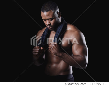 Black man, thinking and towel in studio for cleaning, exercise and fitness or workout. Bodybuilder, wellness and idea for training by dark background with African athlete and muscles, stomach and abs Black man, thinking and towel in studio for cleaning, exercise and fitness or workout. Bodybuilder, wellness and idea for training by dark background with African athlete and muscles, stomach and abs 116295119