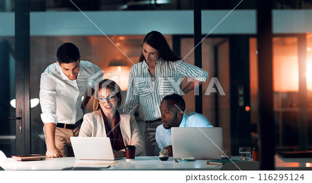 Collaboration, team diversity and office at night for deadline, strategy and explanation with laptop. Female leader, group and workshop for learning, growth and development in workplace in evening 116295124
